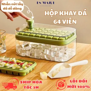 Hộp Khay Làm Đá Thông Minh Nhấn Nút Lấy Đá Dễ Dàng, Khay đá 64 Viên 2 Tầng Tiện Lợi Thông Minh - Tặng Kèm Xẻng Xúc Đá