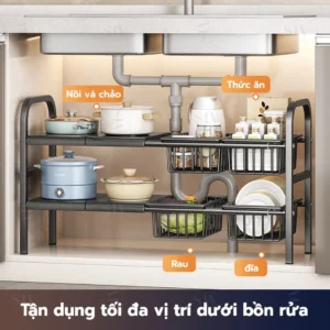 SIV Kệ Gầm Bếp Để Xoong Nồi Chảo Dưới Gầm Bồn Rửa, Kệ Để Đồ Nhà Bếp Đa Năng Tiện Lợi Khung Inox