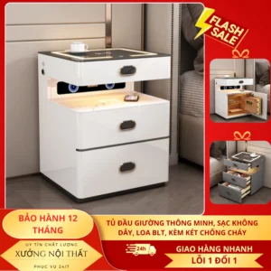 Tủ kệ tab đầu giường thông minh kiêm két mini khóa vân tay công nghệ 4.0 sạc kép không dây, loa bluetooth,cổng sạc USB