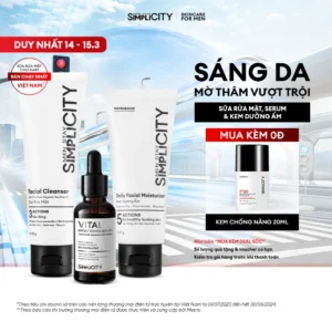 Combo sáng da mờ thâm vượt trội cho nam sữa rửa mặt, serum Vital, kem dưỡng ẩm Men Stay Simplicity Brightening Trio
