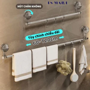 Giá Treo Khăn Nhà Tắm Hút Chân Không Kéo Dài 130 cm và 6 móc treo, Không Khoan Đục, Thanh Treo Dép,Giá Treo Phơi Đồ Bếp