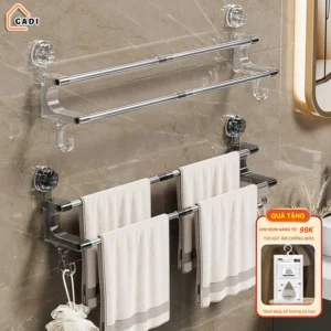Giá Treo Khăn Nhà Tắm 2 Tầng Cốc Hút Dán Tường Không Khoan Đục, Thanh Treo Dép, Phơi Đồ Đa Năng