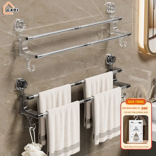 Giá Treo Khăn Nhà Tắm 2 Tầng Cốc Hút Dán Tường Không Khoan Đục, Thanh Treo Dép, Phơi Đồ Đa Năng
