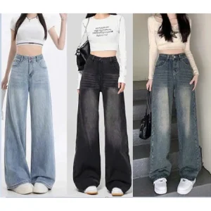 Quần vải bò jean ống rộng suông xuông nữ jeans cạp cao phong cách Hàn Quốc 2023