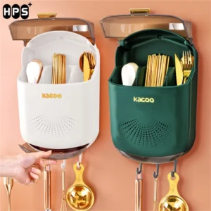 Hộp đựng đũa muỗng có nắp đậy gắn tường, Ống đựng đũa treo tường chống bụi, ngăn côn trùng, vi khuẩn có tích hợp móc tre