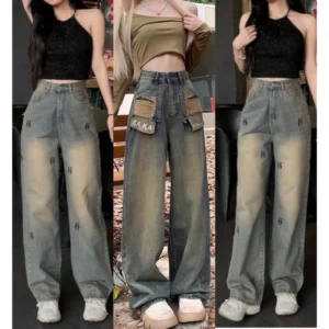 Quần jean bò ống rộng suông xuông nữ jeans cạp cao phong cách style MS55