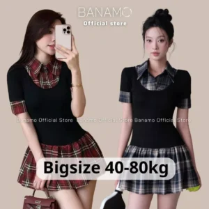 Set nữ BIGSIZE Banamo Fashion set váy học sinh kẻ sọc phối cổ sơ mi chân váy xếp ly kẻ caro trẻ trung năng động 513