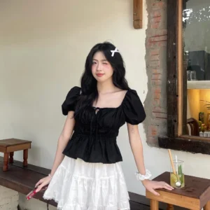 Áo babydoll linen kiểu xinh tay phồng tiểu thư công chúa bo thân nơ coquette ngực xinh xắn Kimee MA287